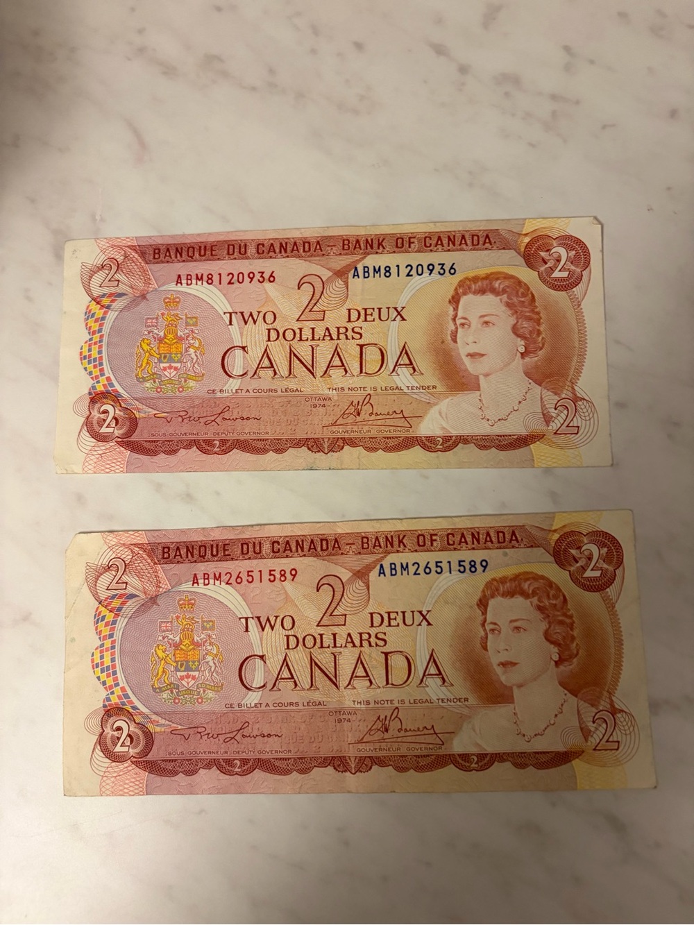 1974 pair Vintage Canada Two Dollar Bills